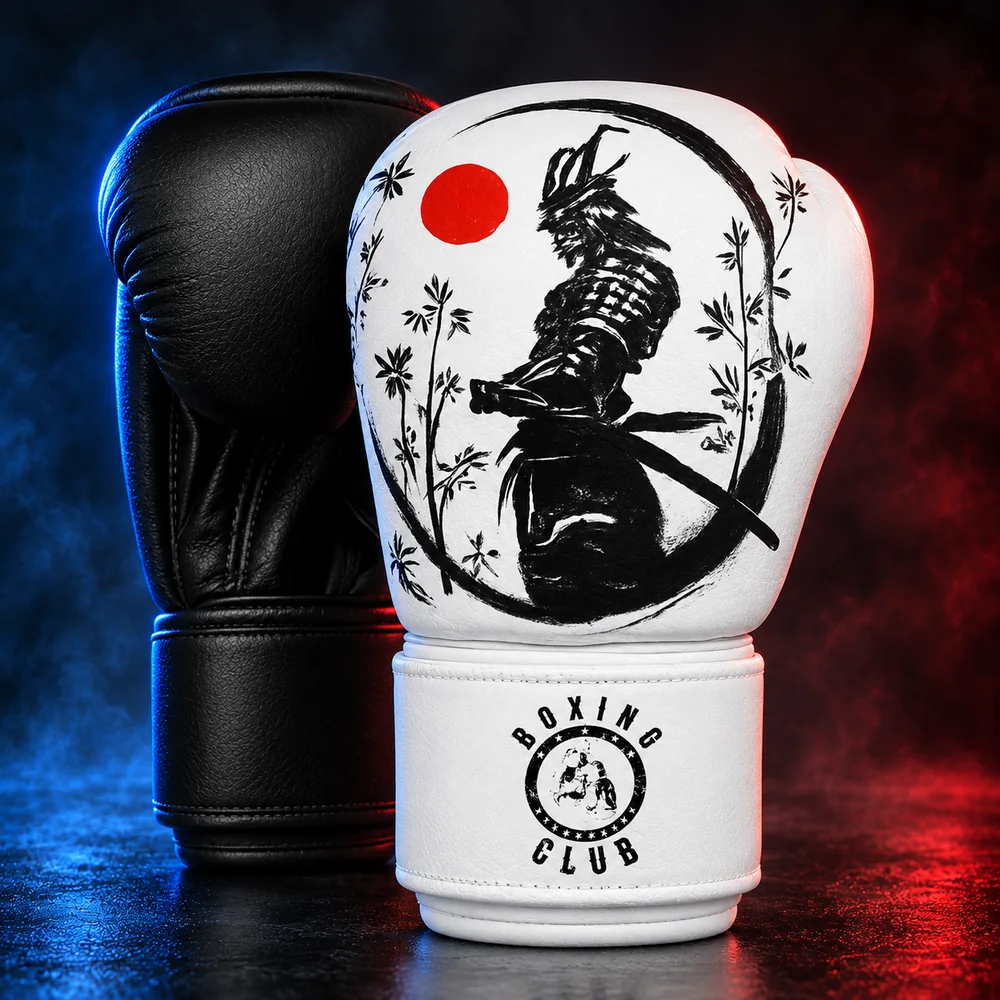 Белые боксёрские перчатки Boxing Club с изображением самурая